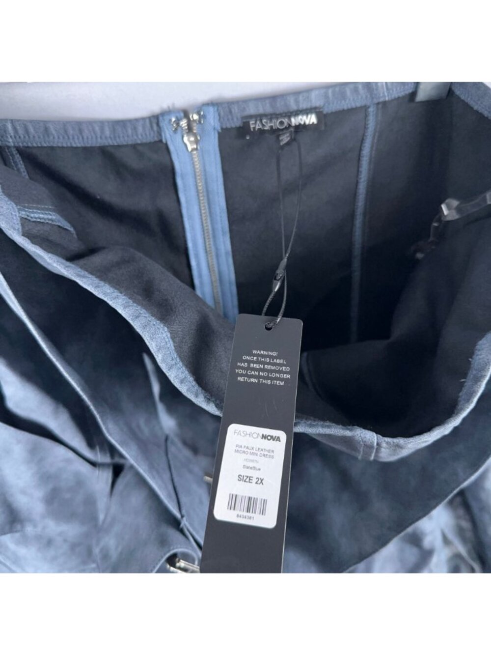 Fashion Nova Dress 2X Pia Faux Leather Mini Slate Blue Belt Back Zipper Closure - Picture 7 of 10